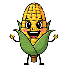 Cute cartoon corn character with a happy smile, a cheerful and funny food mascot on transparent background