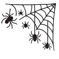 Minimalist vector of five spiders, illustrated in black and white with bold black outlines to create a clean, eerie, and striking visual effect.

