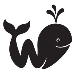 A silhouette of a whale curled like the letter W, cartoon style, black vector
