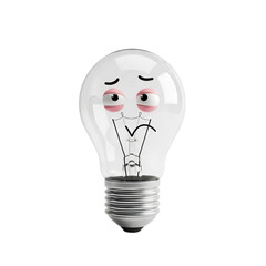 Sad light bulb with a tired face, representing burnout and lack of ideas on transparent background