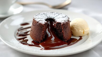 A chocolate lava cake with powdered sugar and a scoop of vanilla ice cream on a white plate