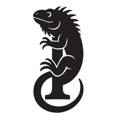 A silhouette of an iguana twisted to form the letter I, cartoon style, black vector