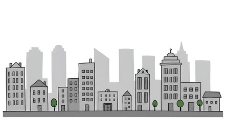 Naklejka premium Urban Landscape Vector Illustration Minimalist Cityscape with Buildings and Greenery