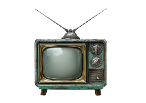 Retro television with faded teal and gold casing, showing signs of age. Antennae extend from the top