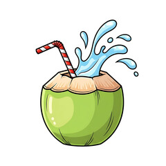 Fresh coconut drink with straw and splash, a tropical and refreshing summer beverage on transparent background