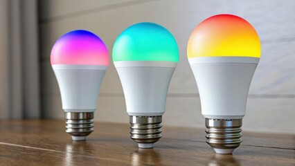 Three colorful LED light bulbs are displayed on a wooden surface, showcasing varying hues and modern design against a neutral backdrop.