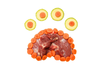 Paw-shaped arrangement of meat and veggies, isolated on white, PNG