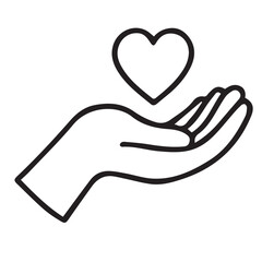 Obraz premium Minimalist vector of an open hand holding a heart symbol, designed in black and white with bold black outline for emotional and clean visuals.