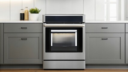 Fototapeta premium Modern kitchen featuring a sleek, stainless steel oven surrounded by cabinets and decorative elements.