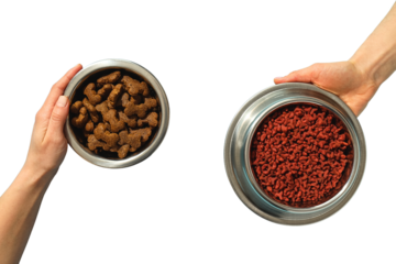Two bowls of distinct pet food held by hands, isolated on white, PNG