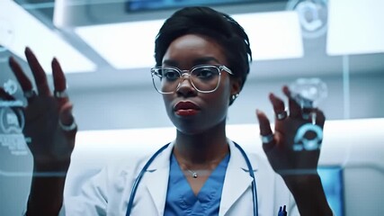 Woman in lab coat interacts with a screen displaying medical data/graphics with her hands - Powered by Adobe