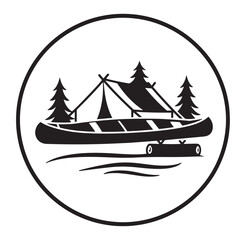 Black and white illustration of canoe tent and pine trees inside a circle for outdoorsy concepts
