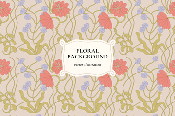 Vintage card with red and white flowers. Floral wreath. Decorative flowers background with label designs. Seamless patternVintage card with red and white flowers. Floral wreath. Decorative flowers bac