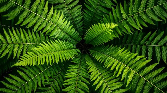 Lush green fern fronds radiate from the center, creating a natural, vibrant pattern