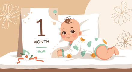 Adorable Infant Milestone Card Illustration For First Month Celebration