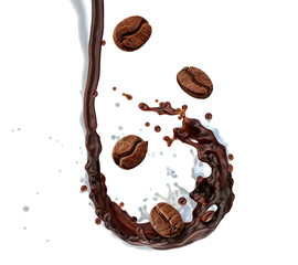 Roasted coffee beans with dynamic chocolate and milk splash on transparent background. Coffee...