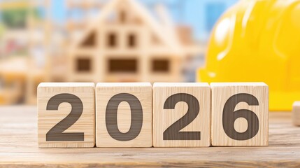 Wooden Blocks with Year 2026 on Desk in Construction Environment with Yellow Hard Hat