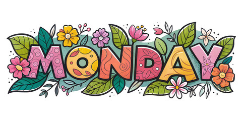 Monday's Blooming: A whimsical illustration of the word Monday artfully adorned with vibrant flowers and lush foliage, a playful reminder of the start of the week.