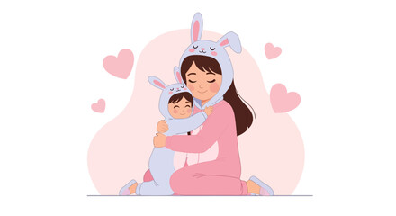 Obraz premium Adorable Mother And Child Embracing In Bunny Pajamas Surrounded By Hearts
