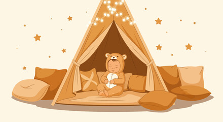 Adorable Newborn Asleep Inside Cute Play Tent Under Warm Fairy Lights