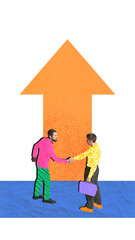 Minimalist pop art collage of two businessmen shaking hands under orange upward arrow. Concept of...