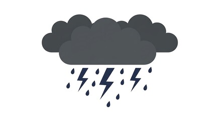 Simple weather icon depicting a thunderstorm. Dark grey cloud with pouring rain and lightning flashes. Isolated vector illustration for storm and climate concepts.