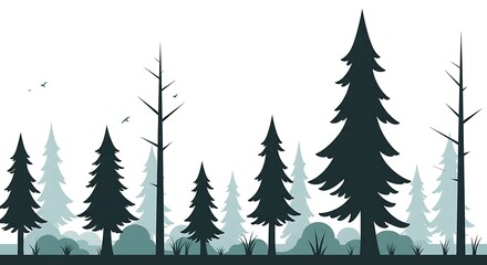 Obraz premium Vector illustration of a tranquil pine forest silhouette with evergreen trees and bushes on a white background