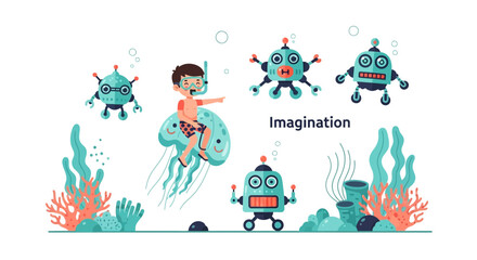 Adventure Boy Riding Jellyfish With Cute Robots In An Underwater World