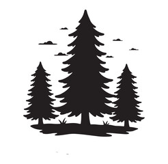 Obraz premium Silhouette illustration featuring evergreen pine trees clouds and grass against a clean white background