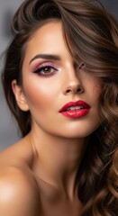 Fototapeta premium Glamorous woman with red lipstick and wavy brown hair, elegant female portrait with professional makeup, beauty and skincare concept