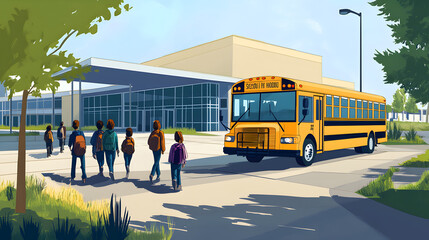 A group of students walking towards a yellow school bus parked in front of a school building