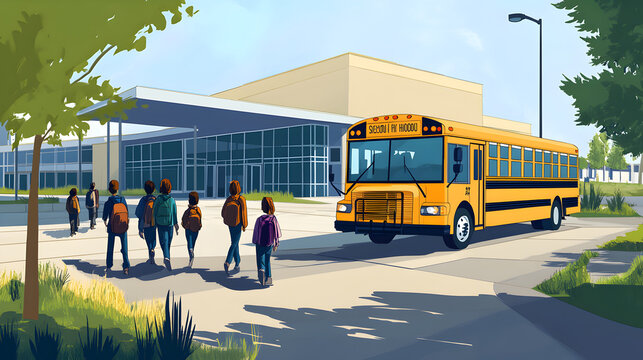 A group of students walking towards a yellow school bus parked in front of a school building