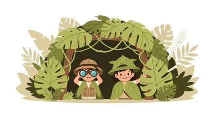 Naklejka premium Adventurous Kids On Expedition Exploring Tropical Jungle With Binoculars