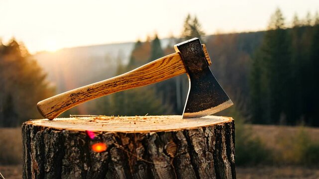 An axe resting on a wooden stump during sunset, surrounded by a serene forest landscape