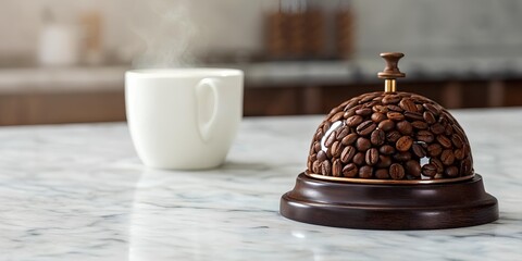 White coffee cup with rising steam beside decorative bell covered in coffee beans with wooden base and brass handle in blurred cafe setting