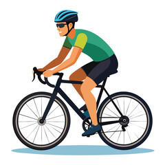 Obraz premium Smiling cyclist in profile view, wearing a helmet and sunglasses, riding a road bike.