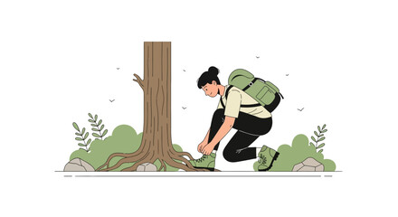 Adventurous Woman Prepares For Hike Adjusting Hiking Boots Near Forest Tree