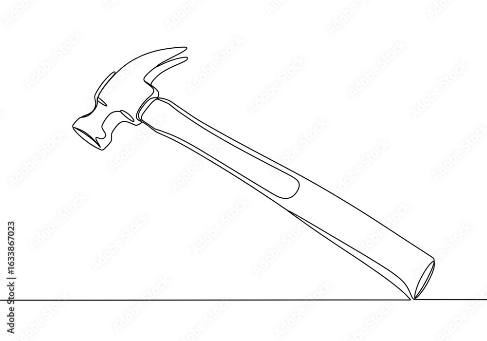 Poster a single continuous line drawing of a hammer tool on a white background surface art