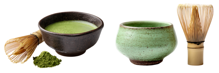 Set of matcha tea bowls with bamboo whisks, isolated on a transparent background.

