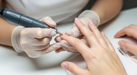 Manicurist in gloves using an electric file for a hardware manicure in a beauty salon