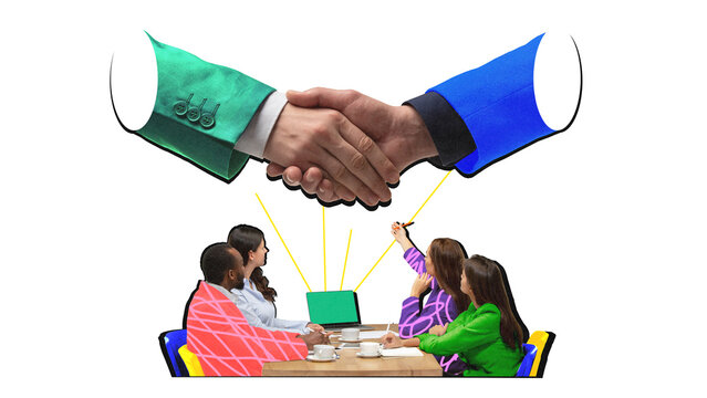Creative collage of diverse team presenting to laptop under handshake symbolizing business alignment. Concept of corporate collaboration, hybrid teamwork, SaaS integration, HR onboarding visuals.