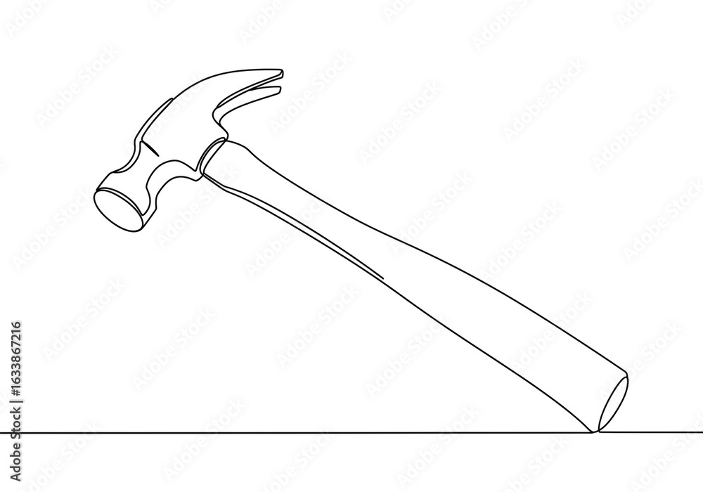 Poster a single line drawing of a hammer resting on a flat surface with a white background