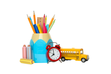 Pencils, erasers, toy clock, and bus, isolated on white, PNG