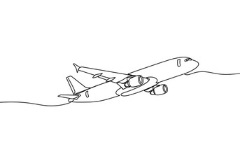 Continuous line drawing of an airplane taking off with engines and wings visible clearly