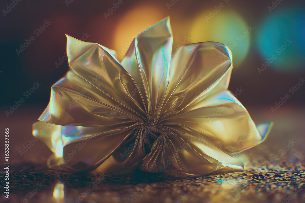 Poster shiny metallic candy wrapper curled like wilted flower, reflecting colorful bokeh lights, close up m