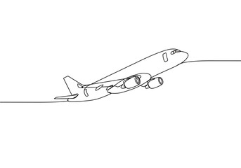 Fototapeta premium Continuous line drawing of an airplane taking off against a white background art