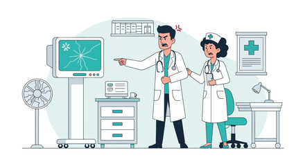 Angry Doctor Pointing At Broken Monitor With Nurse During A Malfunction Emergency