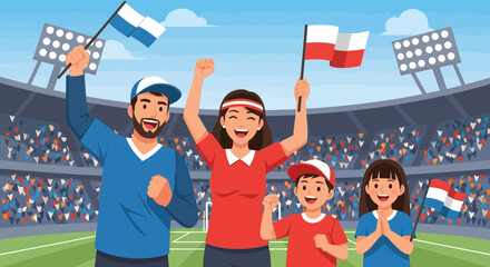 Animated Family Cheering At Stadium Match with National Flags and Happiness