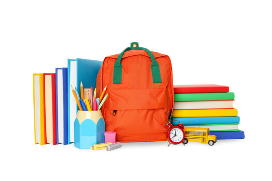 Backpack with notebooks and clock, isolated on white, PNG