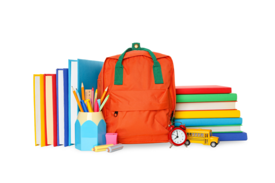 Backpack with notebooks and clock, isolated on white, PNG